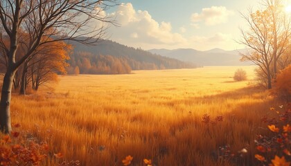 Fototapeta premium Golden field of dry grass under warm sunlit autumn sky. Bare trees with orange foliage border the expansive meadow leading to distant misty mountains. Peaceful rural nature scene.