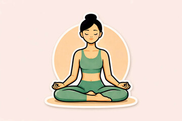 Stylized illustration of a woman in lotus pose during meditation, minimalist modern style, inner calm, harmony, healthy lifestyle concept, sticker