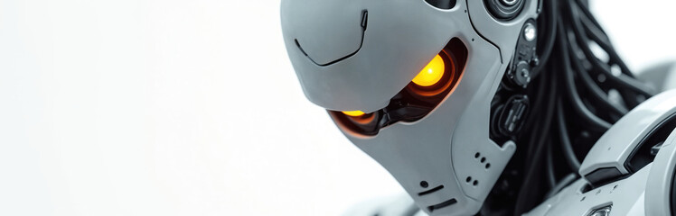 White robot with glowing orange eyes. Close up detail of advanced android face, showing metallic structure and wiring. Futuristic artificial intelligence concept for tech and science.