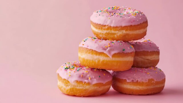 A tempting stack of glazed donuts topped with vibrant pink frosting and colorful sprinkles.
