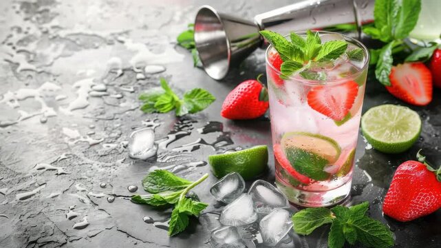 Close up of a refreshing beverage made with strawberries, lime slices, mint leaves, and ice. Ideal for advertising healthful drinks or summertime refreshments.