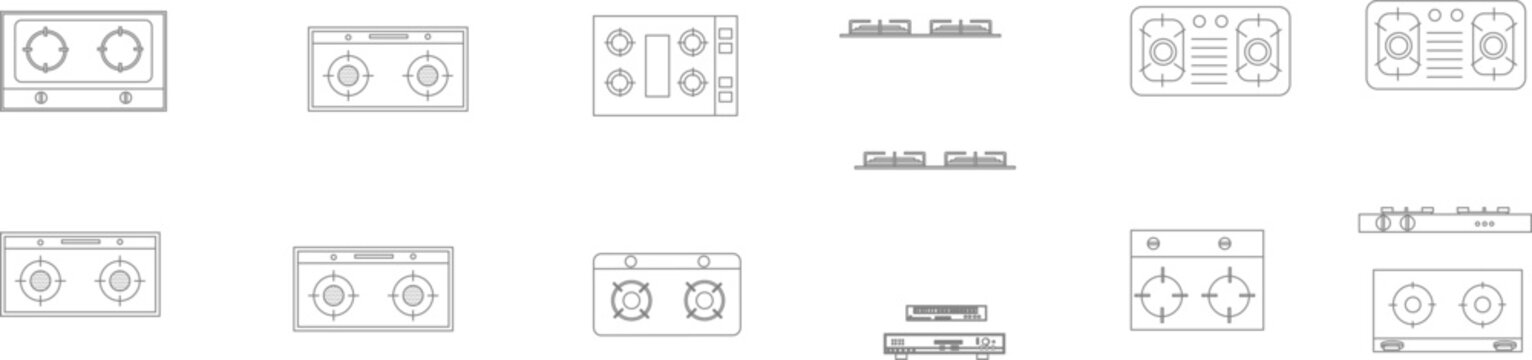 Vector collection of gas stove and cooktop symbols in top view for kitchen floor plans, architectural drafting, and interior design layouts.