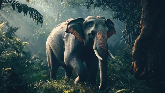 An elephant standing amidst lush foliage and tall trees, with sunlight filtering through the canopy above.