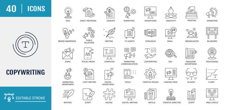 Copywriting icon set. Includes advertising, marketing, creative, concept, idea and more. Vector Illustration with editable strokes