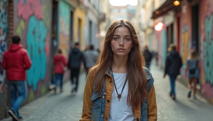 Fototapeta premium Young woman in denim jacket stands on a city street with colorful graffiti on walls. People walk by in background on sunny day. Casual urban fashion.
