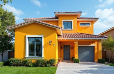 Exterior of vibrant orange house, newly painted with grey garage door, entryway. Landscaping includes green lawn, manicured hedges under clear blue sky with scattered clouds. Building fresh coat of