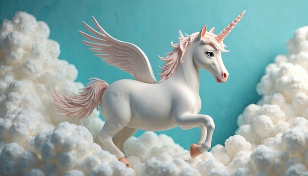 White winged unicorn with pink mane and tail flies in sky above soft white clouds. Pastel colored mythical creature, magical fantasy illustration for kids.