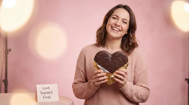 Happy smiling woman holding a heart-shaped chocolate for Valentine's Day, celebrating love and self-care with a sweet treat