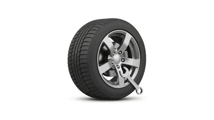 Obraz premium Car Tire with Wrench on White Background - Automotive Repair Concept