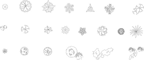 Obraz premium Collection of top view vector line art symbols representing various trees and plants for architectural site plans and landscape design layouts.