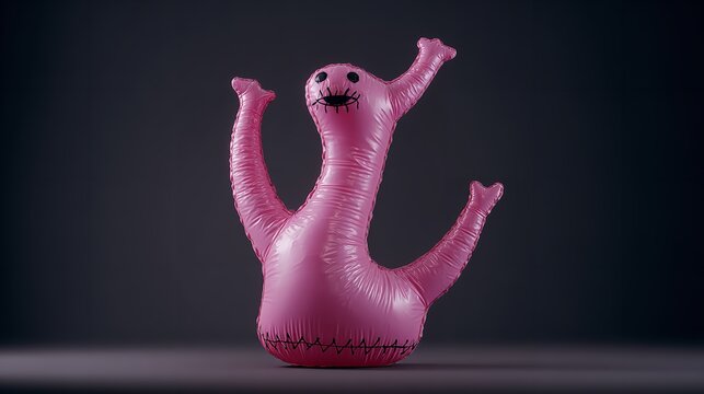 Pink inflatable monster with stitched mouth details standing still