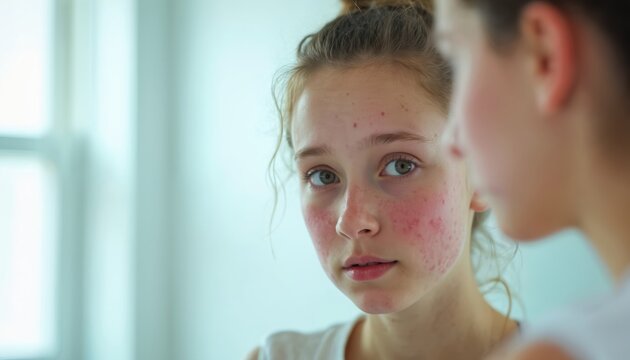 Teen girl with acne looks in mirror. Concerned young woman worries about skin condition. Puberty breakouts affect teen face. Female seeks clarity, skin care solutions. Hope for clear complexion.