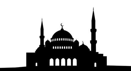 Fototapeta premium Silhouette of a grand mosque with multiple domes and tall minarets against a white background.