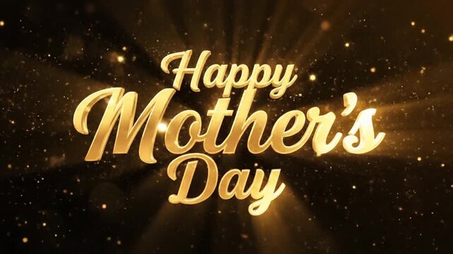 Happy Mother's Day Greeting Title in Golden Luxury Script Font with Shimmering Light Rays and Particle Background Animation 4k video animation seamless loop