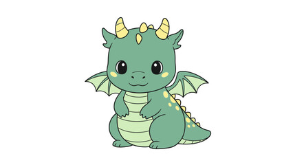 Fototapeta premium Cute Green Baby Dragon Illustration, Kawaii Fantasy Creature