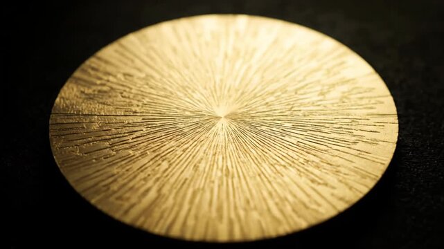Gold coin or medal with textured surface and radial pattern on black background, showcasing intricate design and detailed craftsmanship in a series of close-up shots.