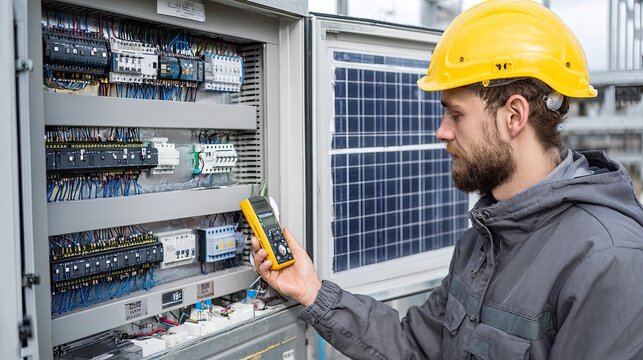 Electrical technician with hardhat using multimeter on control panel energy system