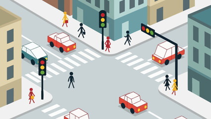 Obraz premium Isometric City Intersection with Traffic and Pedestrians