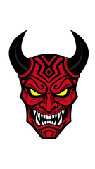 Scary Red Demon Face Mask with Horns and Yellow Eyes, Evil Spirit Illustration
