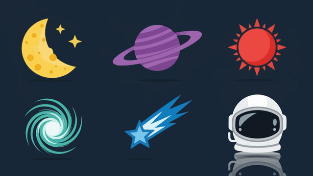 Space Icons Set: Moon, Stars, Planet, Sun, Black Hole, Comet, Astronaut Helmet