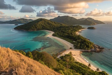 Obraz premium Stunning aerial view of a remote tropical island chain with lush green hills and sandy shores at sunset