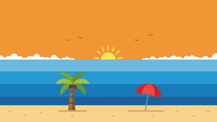 Obraz premium Tropical Beach Sunset Landscape with Palm Tree and Umbrella