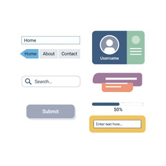 UI Elements: Website Navigation, Search Bar, Buttons, Profile Card, Progress Bar