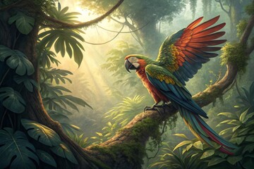 Vibrant Macaw Parrot Perched Gracefully on a Mossy Branch in a Sun-Dappled Rainforest