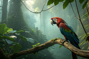 Vibrant red and blue macaw parrot perched on a mossy branch in a lush, misty rainforest.
