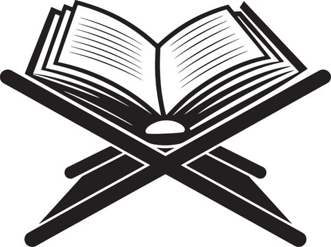 Open book on a black wooden stand with white pages and black lines