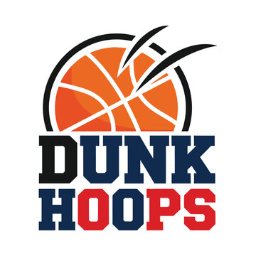 Dunk hoops basketball logo with stylized ball and speed marks on white
