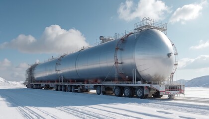 Large cryogenic tanker truck carries liquid gas across frozen landscape. Industrial vehicle transports super cold fluid on snowy terrain under bright sky. Heavy haulage for energy.