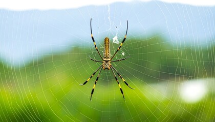 Ornate spider in intricate web against blurred natural backdrop