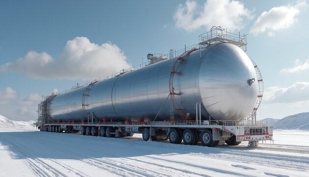 Large cryogenic tanker truck carries liquid gas across frozen landscape. Industrial vehicle transports super cold fluid on snowy terrain under bright sky. Heavy haulage for energy.