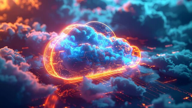 Cloud computing in the future: An ethereal glowing cloud hovers over a futuristic city landscape, symbolizing innovation and technological advancement.