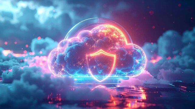 Cloud Data Sanctuary: A futuristic image of a digital cloudscape, symbolizing secure data storage and protection. The glowing cloud features a shield.