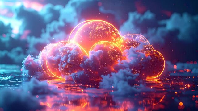 Celestial Cloud Burst: An ethereal orb of radiant energy bursts forth from a cloud, painting the heavens with cosmic splendor.