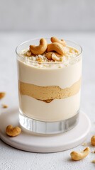 Delicious Cashew Nut Layered Dessert in Glass on Marble Plate