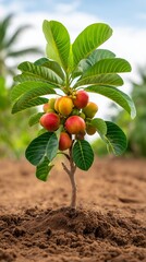 Young Cashew Tree with Vibrant Fruit Growing in Lush Tropical Landscape