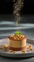 Gourmet Peanut Caramel Cheesecake with Mint Garnish on Plate