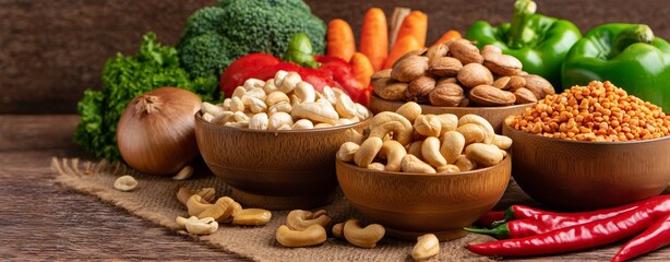 Assorted Nuts and Vegetables on Rustic Wooden Table