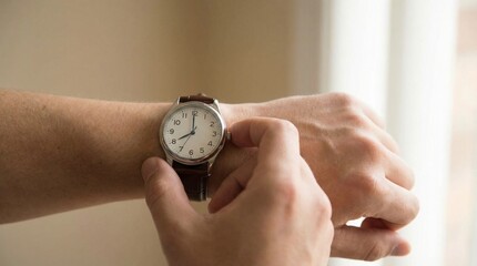 Close-up of a man's hands adjusting the time on a classic analog wristwatch