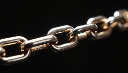 Fototapeta premium Close-up of shiny metal chain links interlocked against a dark background. Shows strength, connection, and secure bonding. Perfect for concepts of unity, industry, and durability.