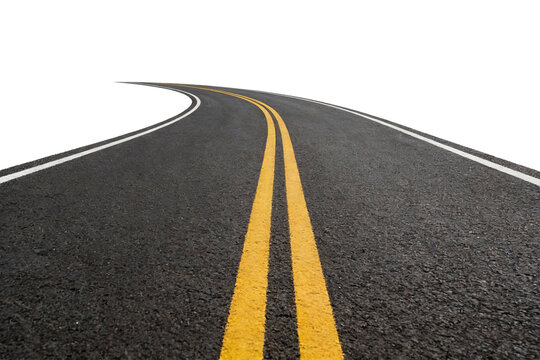 Asphalt road with yellow and white markings, curving into the distance, showcasing perspective and transportation infrastructure for travel and commuting.