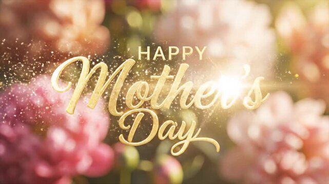 Happy Mother's Day Opener Golden Glittering Typography Reveal Over Beautiful Pink Peony Flowers Bokeh Background Motion Graphic 4k video animation seamless loop