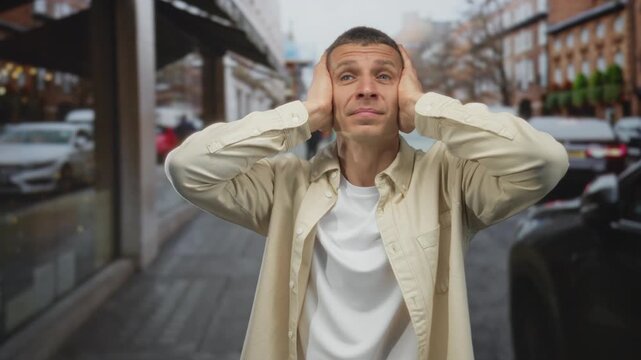 Man in beige shirt covers ears on a busy street, expressing frustration amid urban noise from surrounding cars and buildings, portraying urban lifestyle challenges vividly.