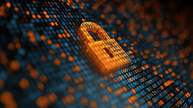 Digital security concept with glowing padlock over binary code background