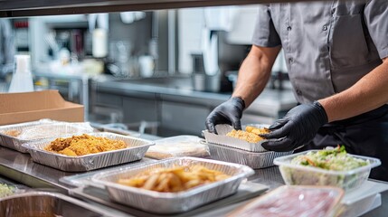 Chef preparing meals in commercial kitchen setting with various food containers
