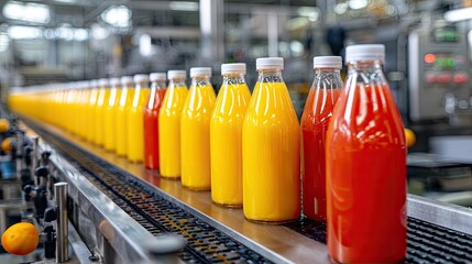 Bottles of juice on a conveyor belt in a factory food processing plant