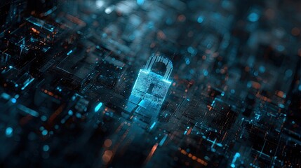 Abstract digital padlock symbol on circuit board representing data security